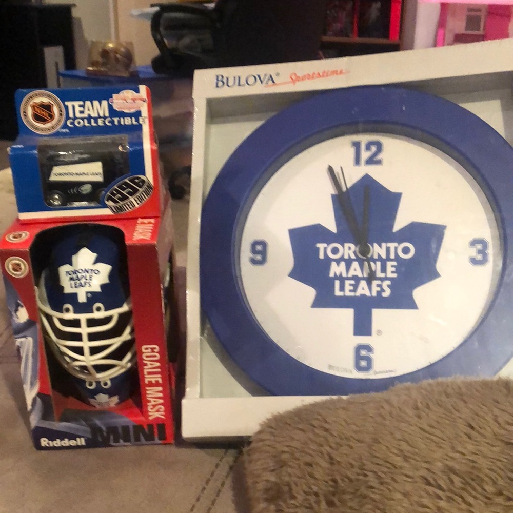 Toronto Maple Leafs, clock, Zamboni, and mini helmet